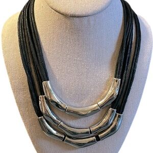 Chico’s Black Multi Strand Boho Black and Silver Statement Necklace Bib Style